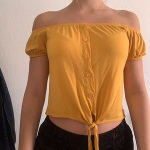 cute off the shoulder yellow shirt